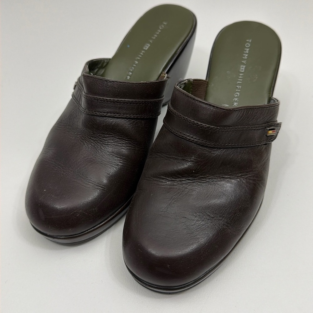 Vintage Dark Brown Leather Tommy Hilfiger Slip On Mules Clogs Size 6